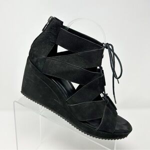 Eileen Fisher Black Lace Up Strappy Wedge Sandals Open Toe Size 9 Back Zipper